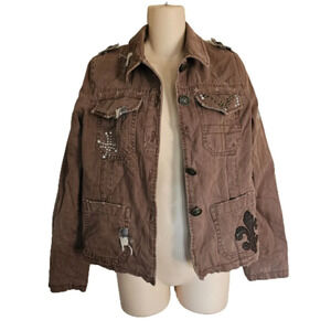Miss Me Brown Military Embellished Studded Spade Rocker Punk Jacket Size Women L